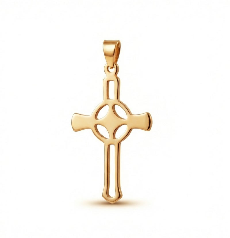 دلاية صليب كبير (بدون سلسلة) باللون الذهبي، مصنوعة من الستانلس ستيل المقاوم للصدأ، بتصميم مفرغ ودائرة وسطية. قطعة روحية أنيقة جداً. - Image 1